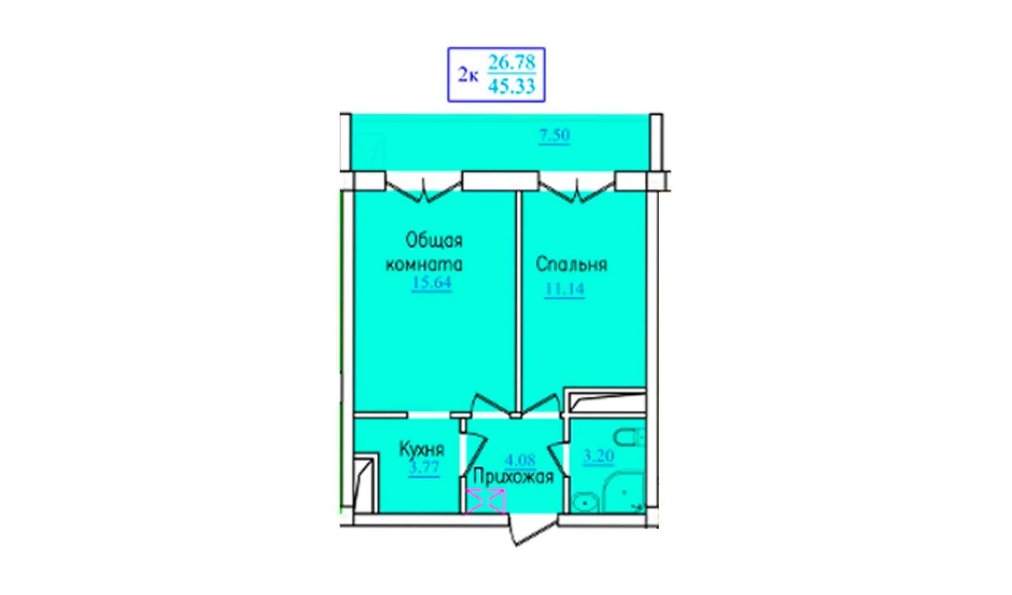 2-xonali xonadon 45.33 m²  9/9 qavat | PROVANS Turar-joy majmuasi