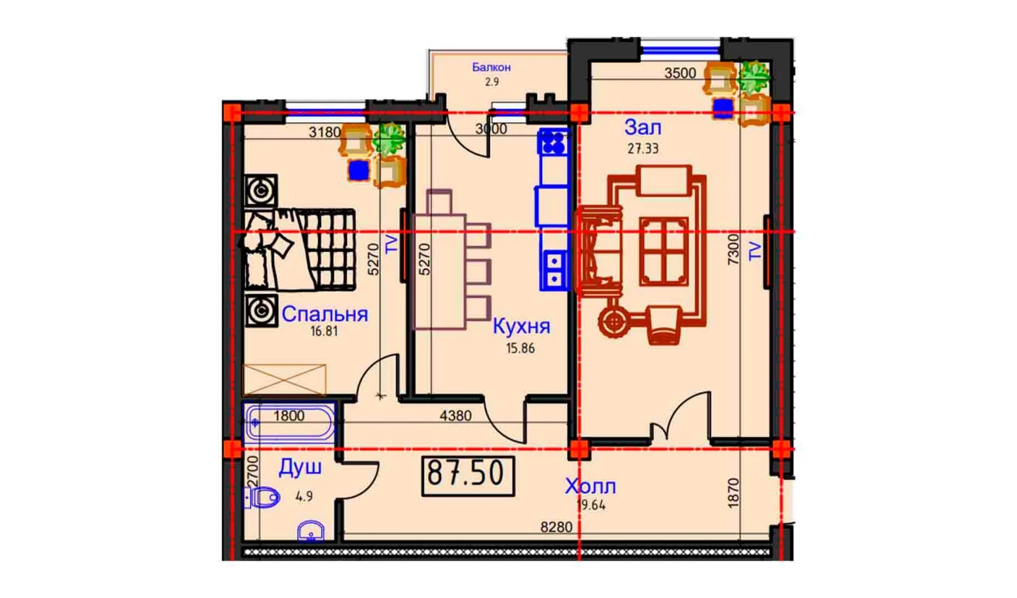 2-xonali xonadon 87.5 m²  9/9 qavat