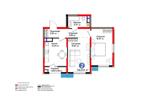 2-комнатная квартира 60.24 м²  5/9 этаж | Жилой комплекс BI Sad'O