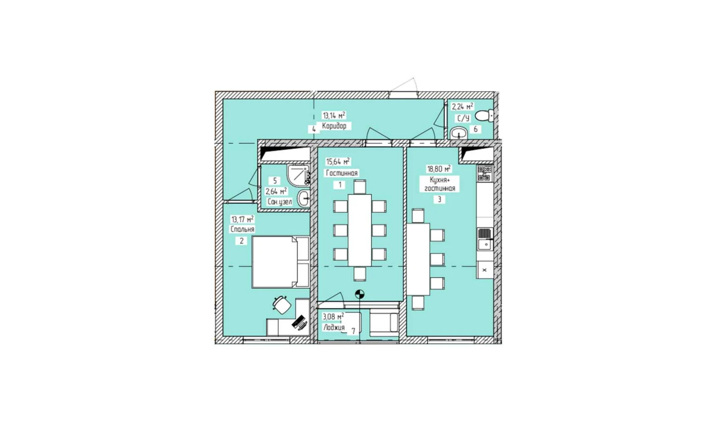 3-комнатная квартира 68.71 м²  7/7 этаж