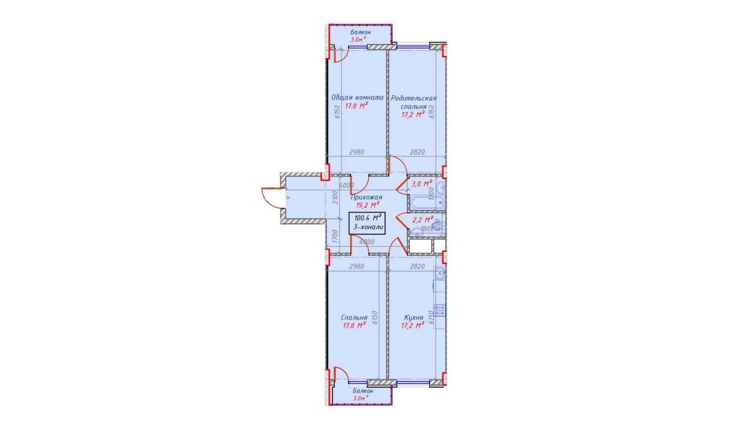 3-xonali xonadon 100.4 m²  14/14 qavat