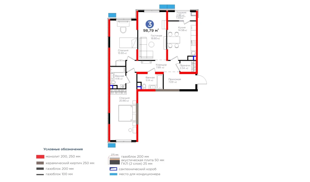 3-комнатная квартира 98.79 м²  7/7 этаж