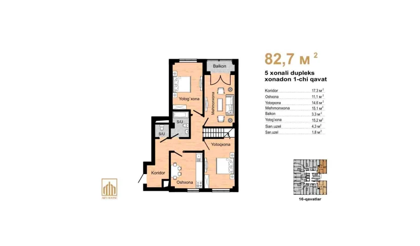 3-xonali xonadon 156.1 m²  16/16 qavat | Musaffo Turar-joy majmuasi