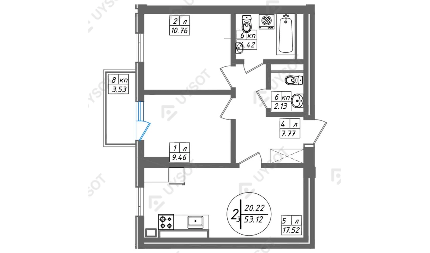 2-комнатная квартира 53.12 м²  11/11 этаж