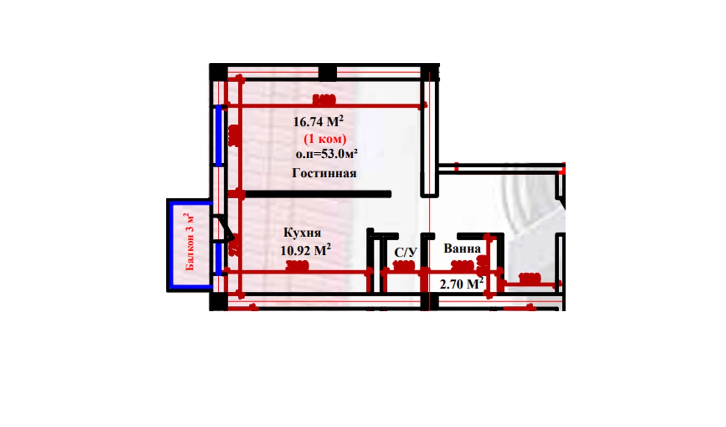 1-xonali xonadon 53 m²  1/1 qavat