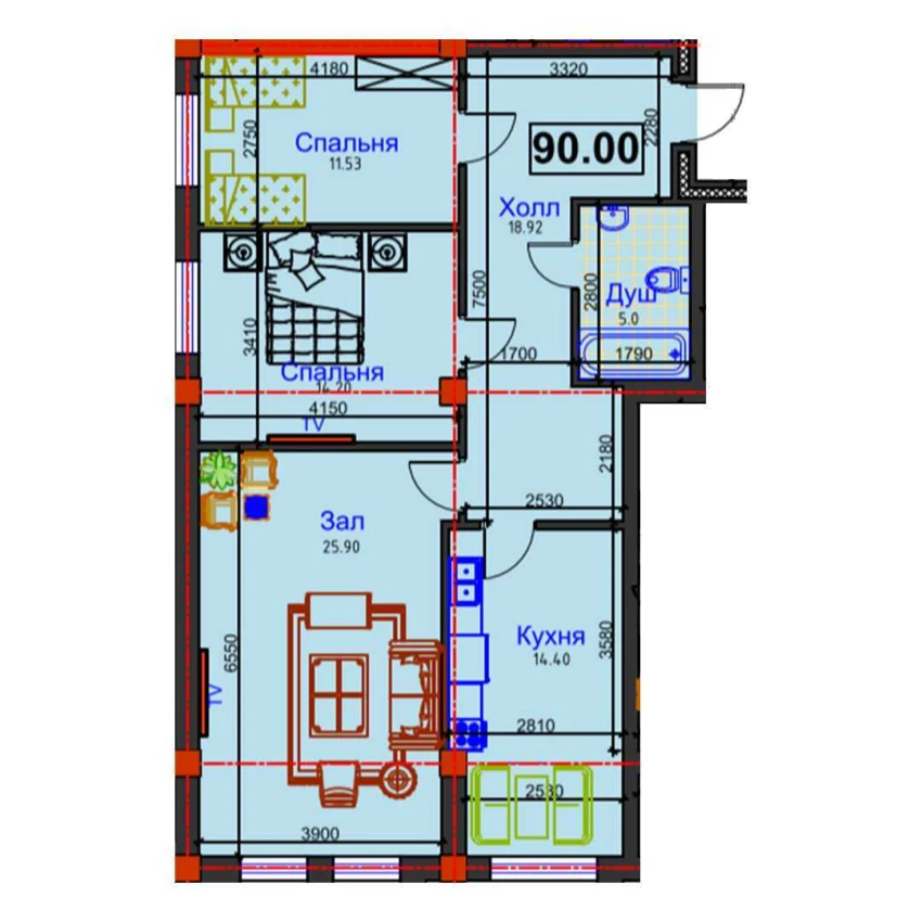 3-комнатная квартира 90 м²  1/1 этаж