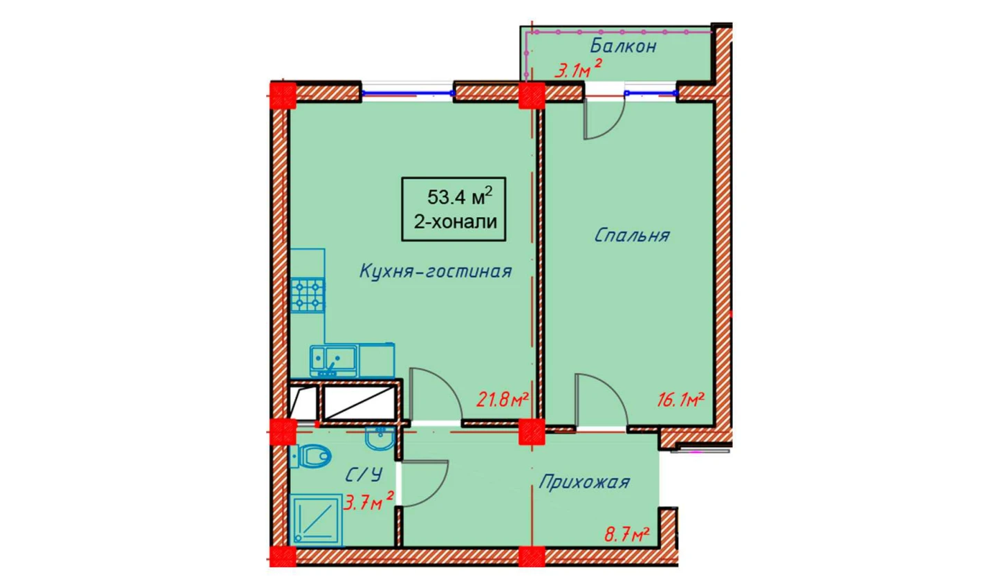 2-xonali xonadon 53.4 m²  7/7 qavat