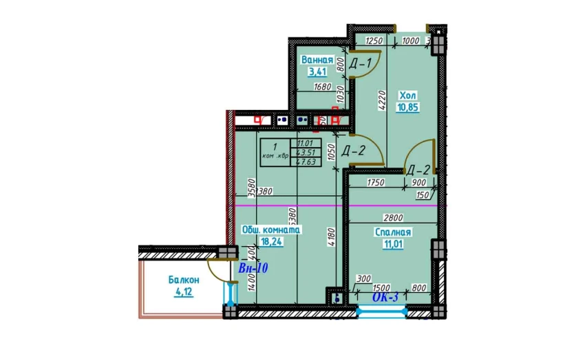 2-xonali xonadon 47.6 m²  3/3 qavat