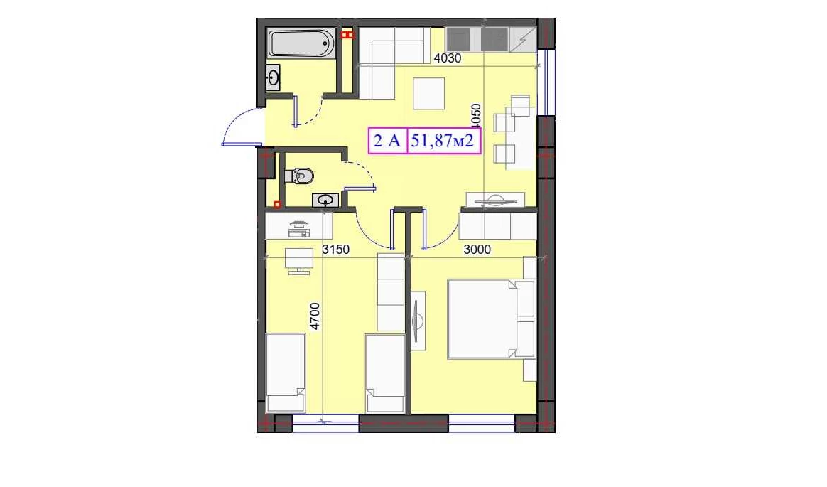 2-комнатная квартира 51.87 м²  0/0 этаж