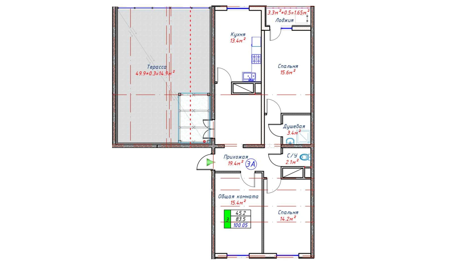 2-комнатная квартира 83.5 м²  16/16 этаж