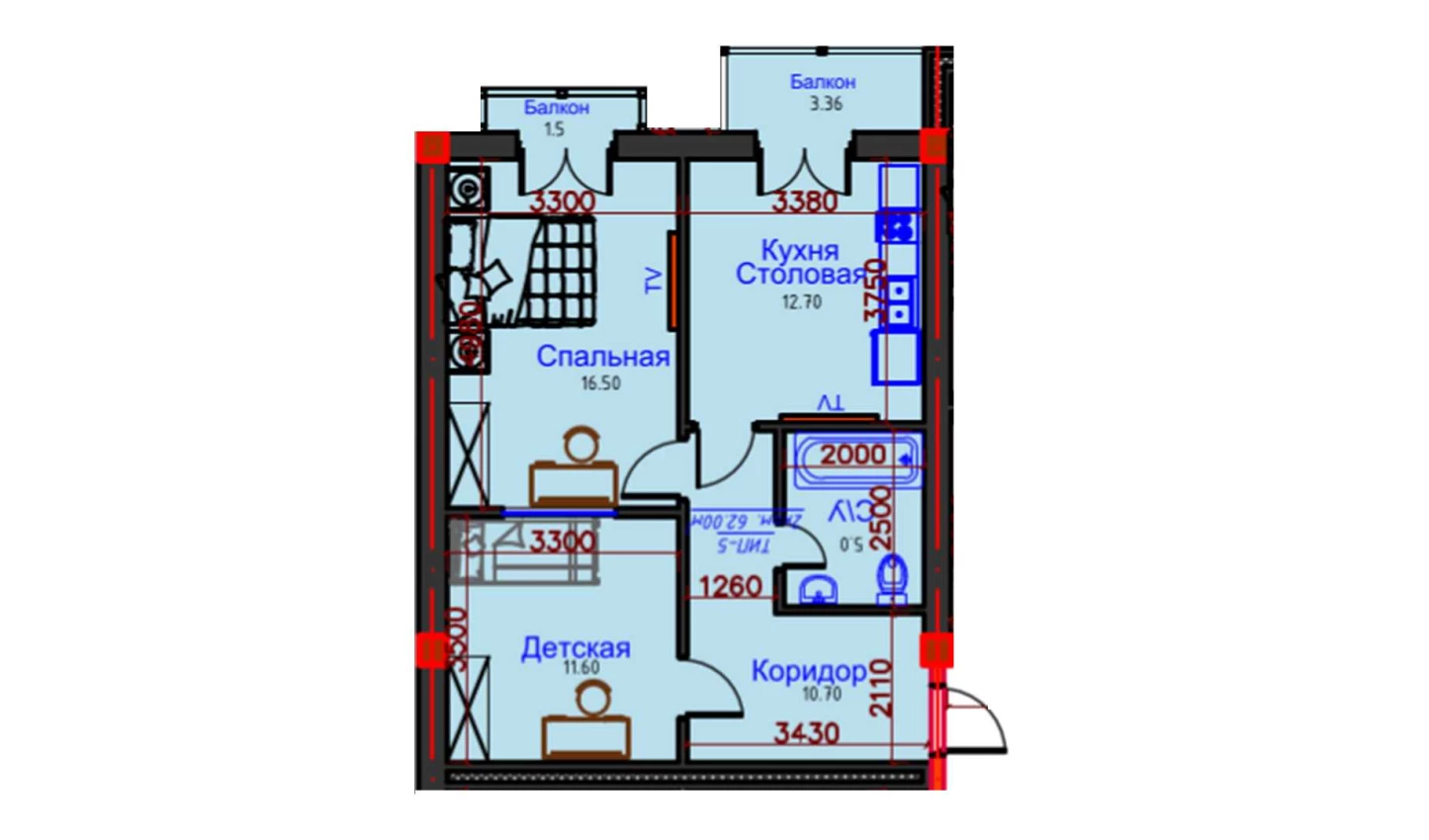 2-комнатная квартира 62 м²  8/8 этаж