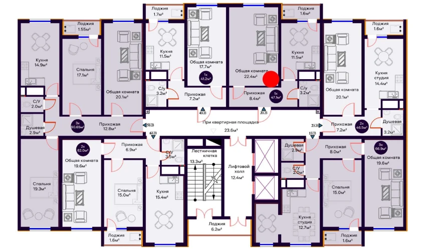 1-комнатная квартира 47.1 м²  9/9 этаж