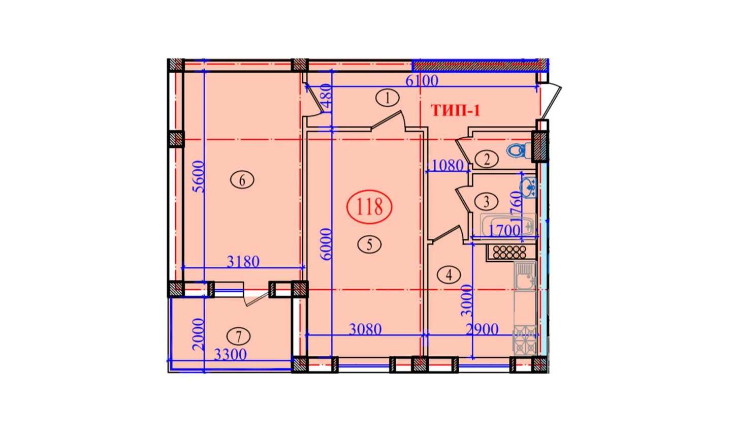 2-xonali xonadon 77.6 m²  6/6 qavat