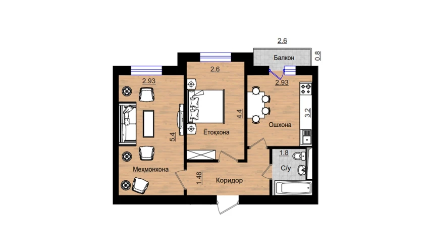 2-комнатная квартира 55.78 м²  2/5 этаж | Жилой комплекс QIZILTEPA