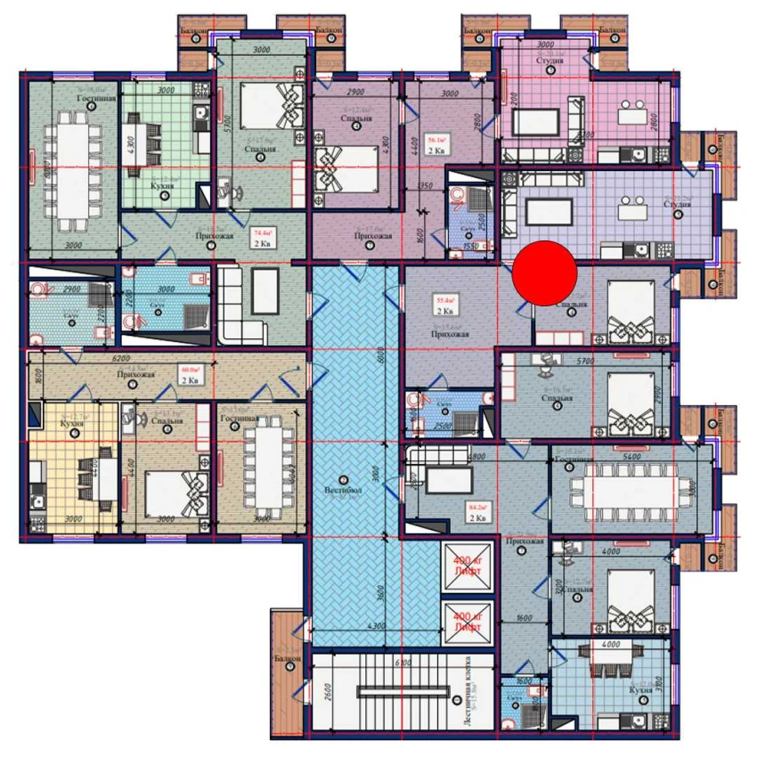 2-xonali xonadon 55.4 m²  6/6 qavat