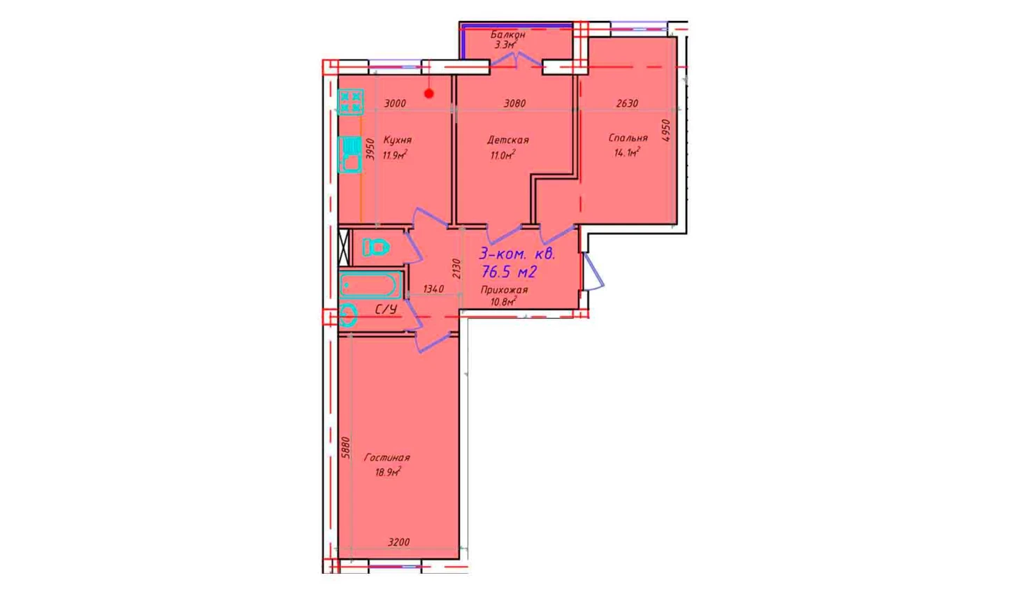 3-xonali xonadon 76.5 m²  5/5 qavat