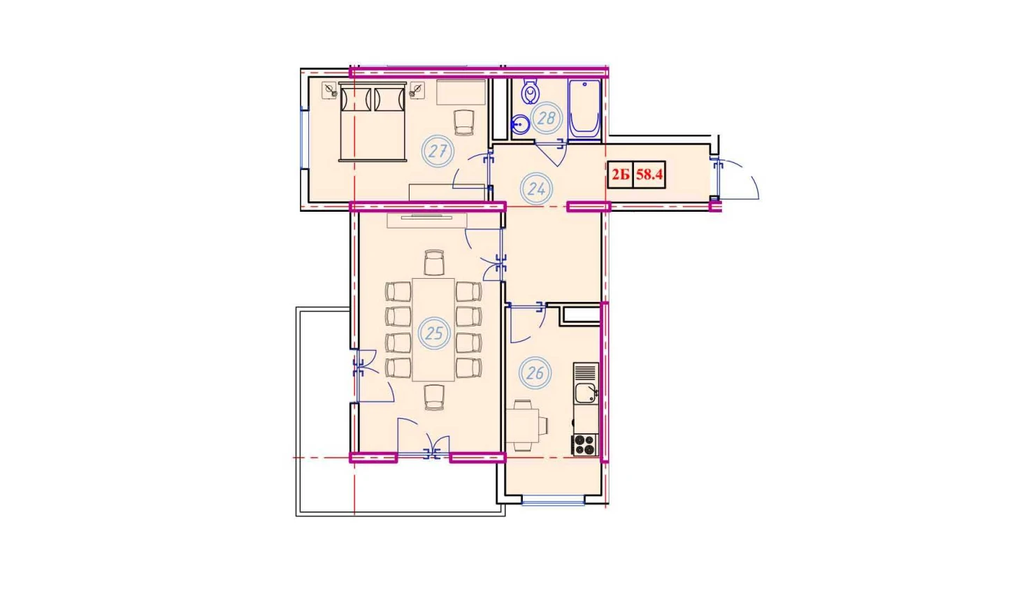 2-xonali xonadon 58.4 m²  2/2 qavat