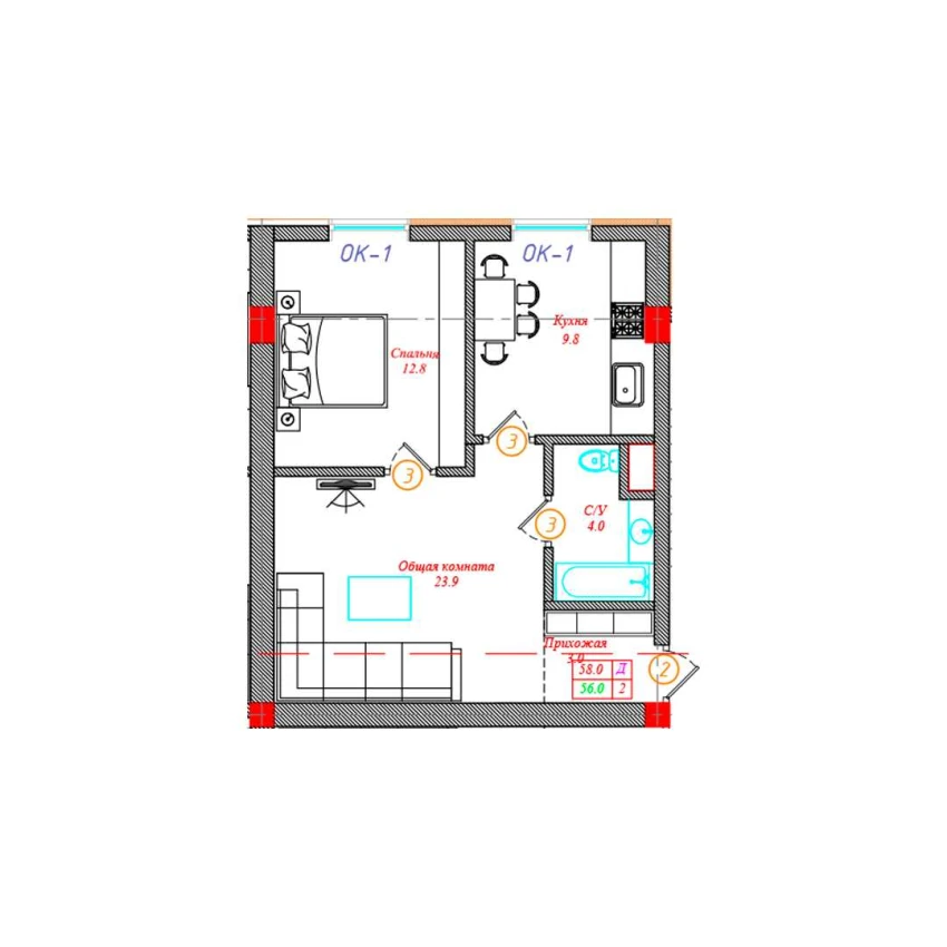 2-xonali xonadon 58 m²  5/12 qavat | CHINARA PARK Turar-joy majmuasi