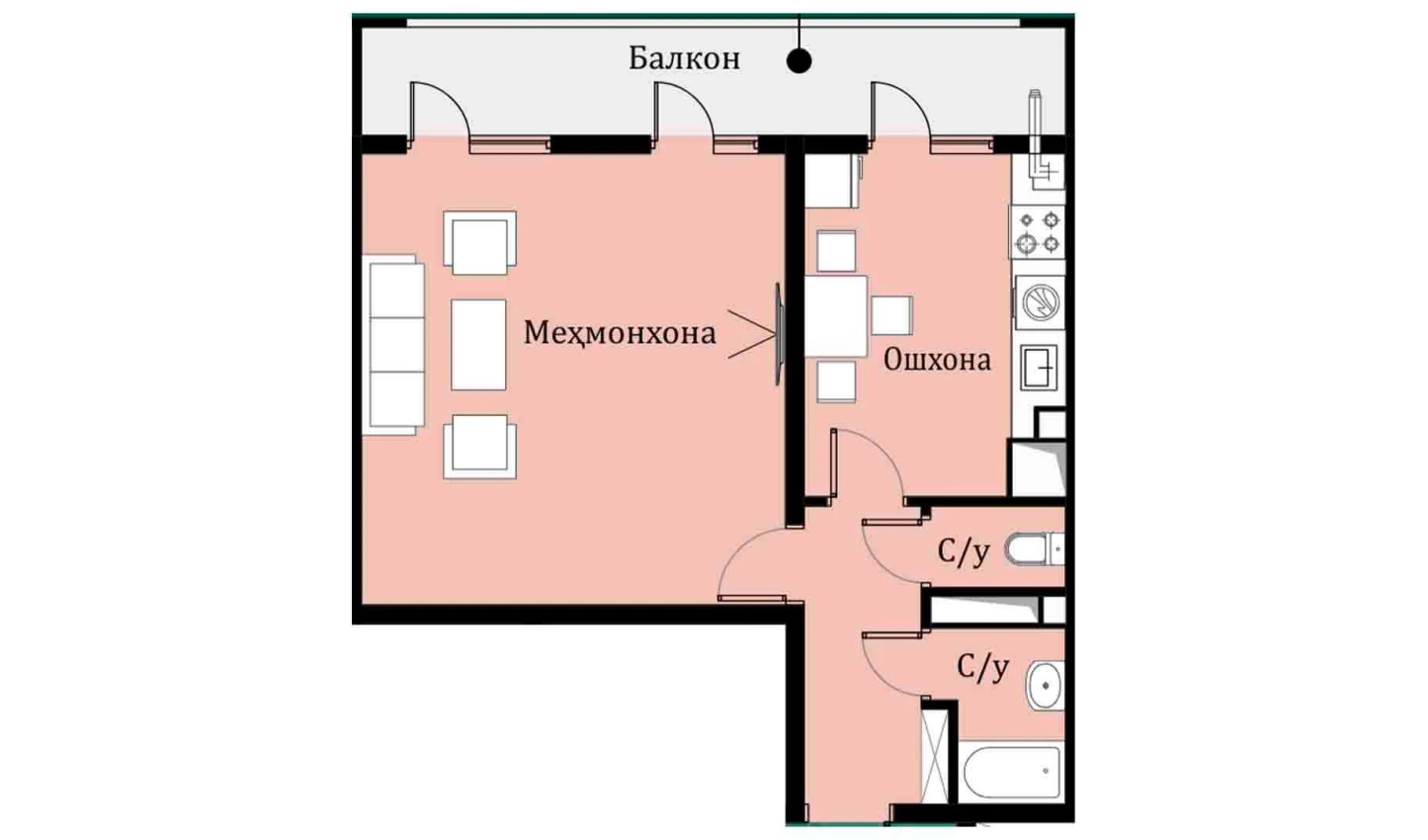 1-комнатная квартира 46.35 м²  5/5 этаж