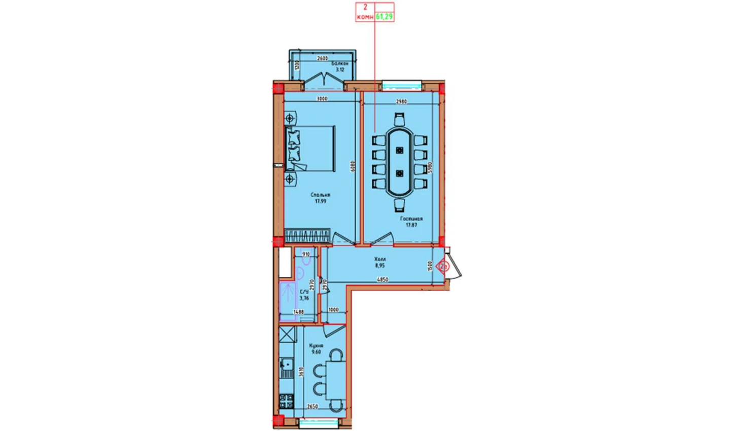 2-комнатная квартира 58.17 м²  6/6 этаж