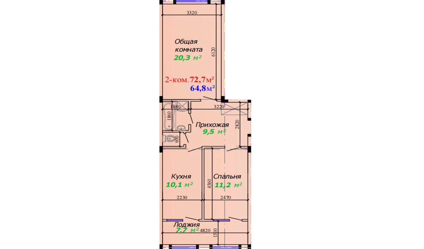 2-xonali xonadon 72.7 m²  1/1 qavat