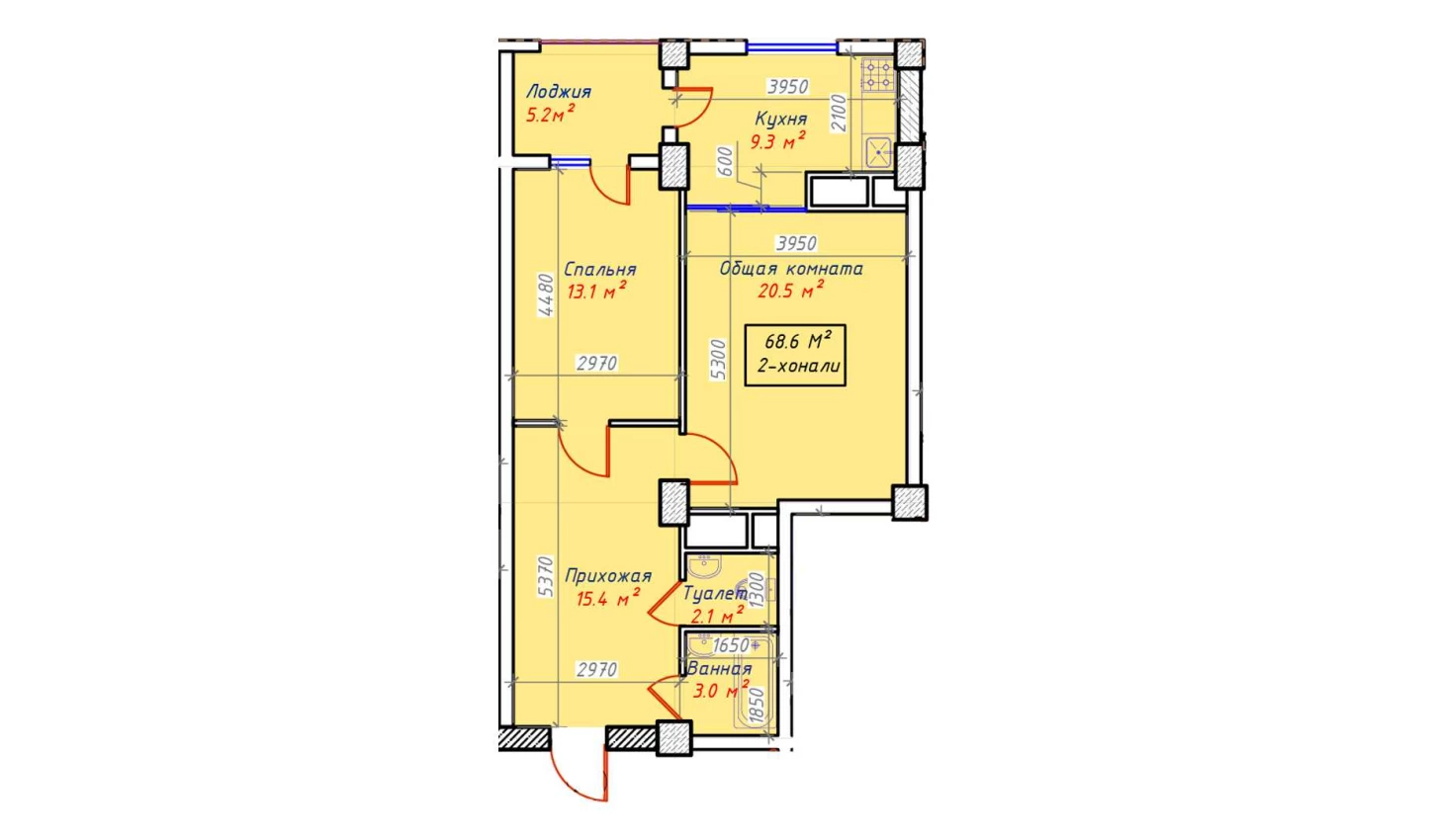 2-комнатная квартира 68.6 м²  13/13 этаж