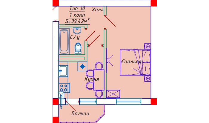 1-комнатная квартира 39.42 м²  2/2 этаж