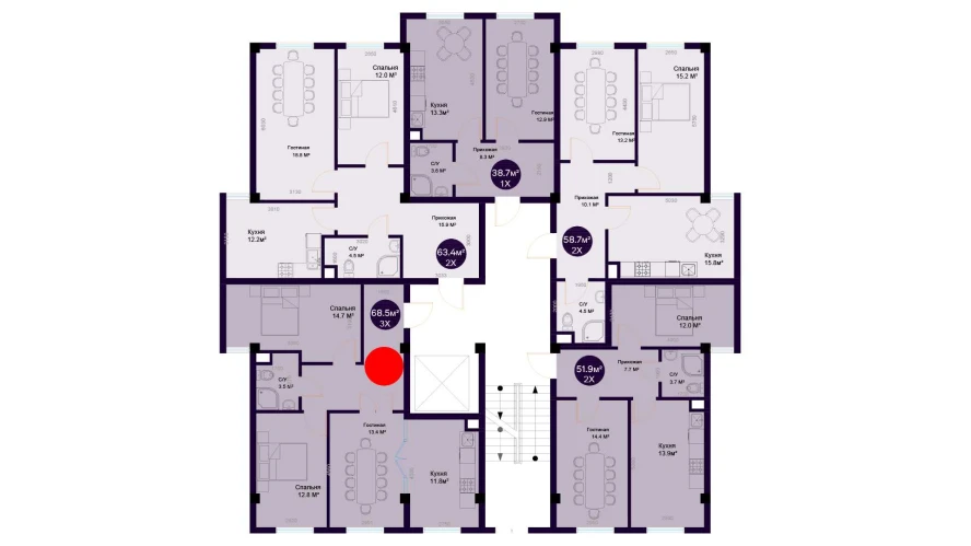 3-комнатная квартира 68.5 м²  1/1 этаж