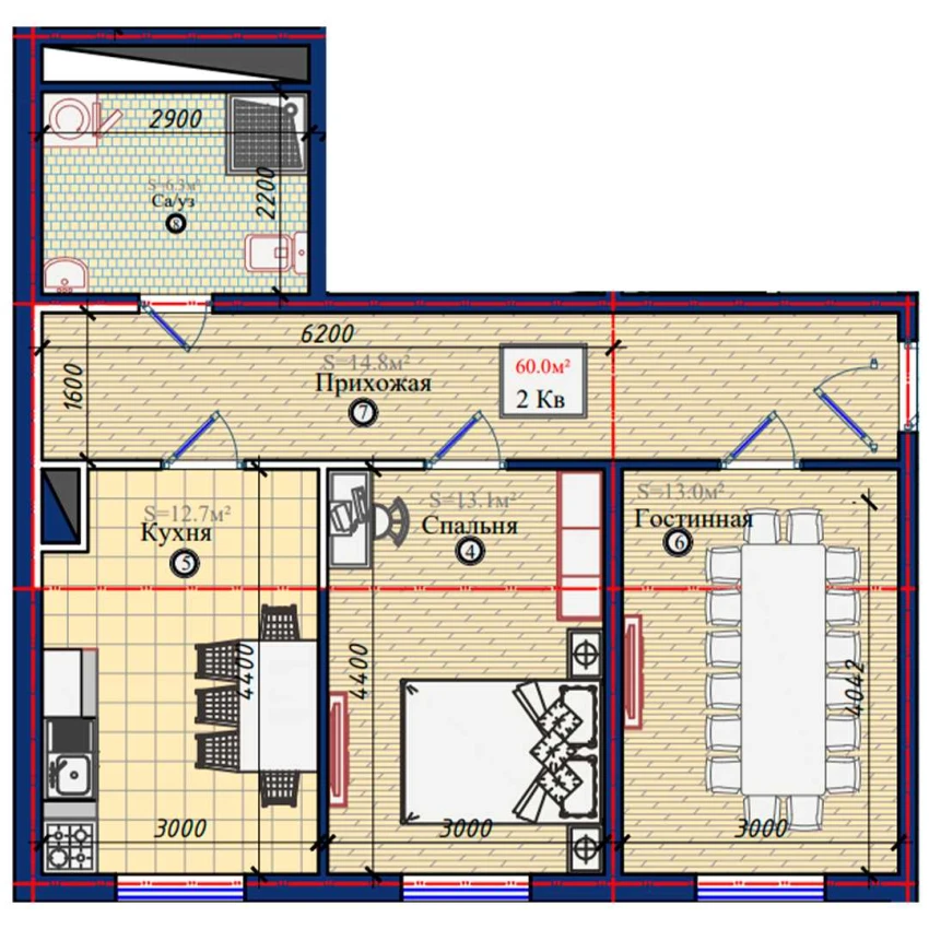 2-xonali xonadon 60 m²  8/8 qavat