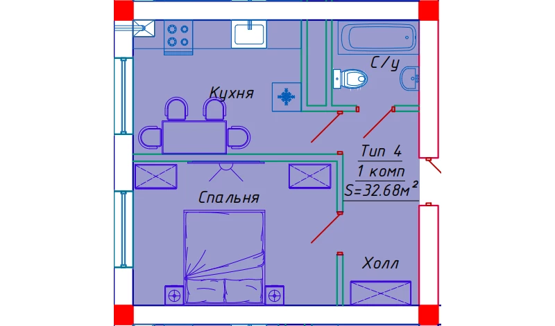 1-xonali xonadon 32.68 m²  2/2 qavat