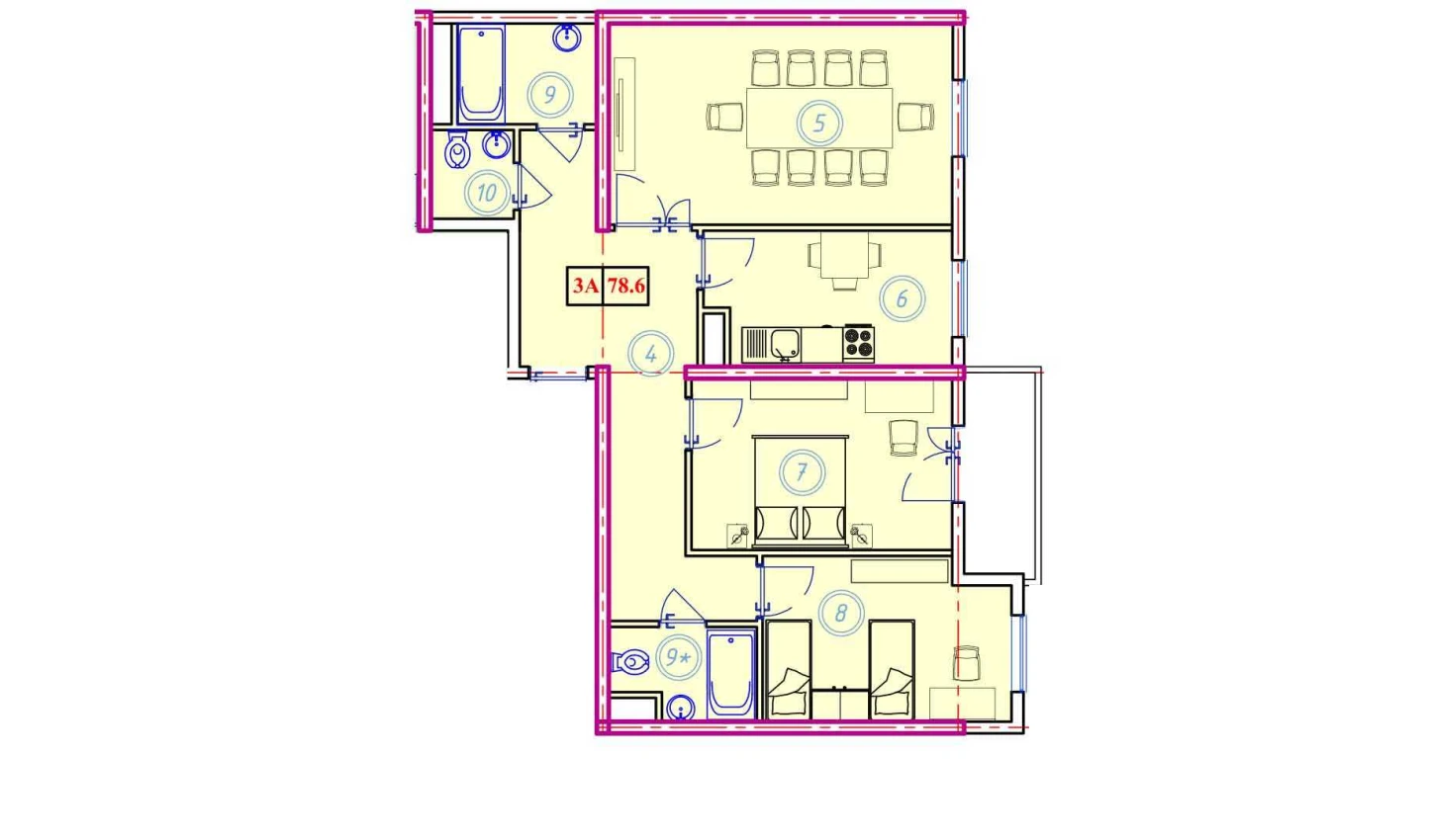 3-xonali xonadon 78.6 m²  9/9 qavat