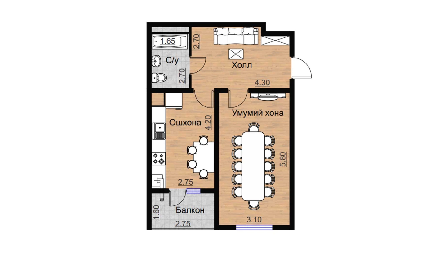 1-комнатная квартира 54.8 м²  9/9 этаж