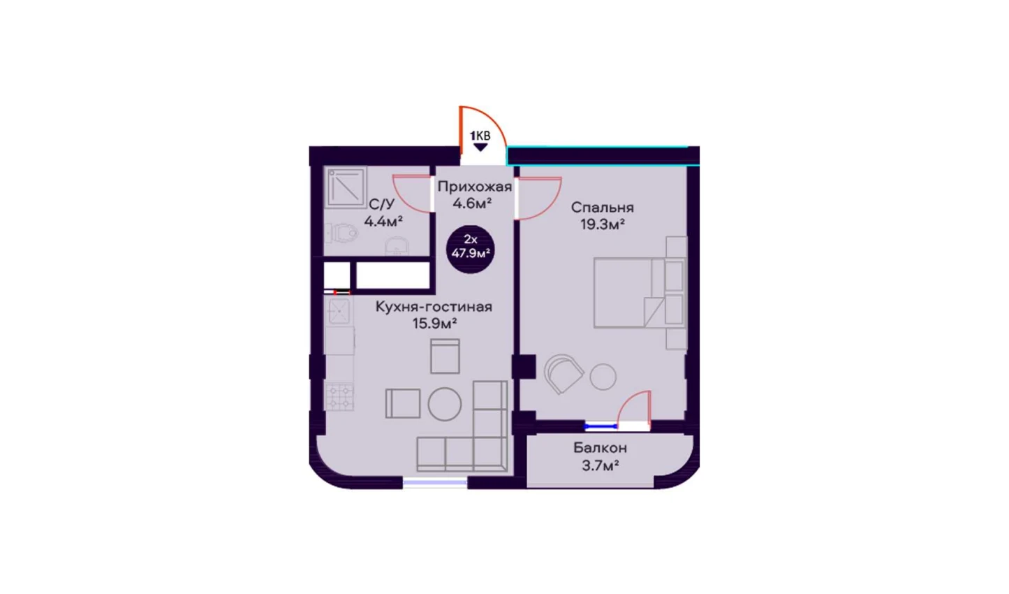 2-комнатная квартира 47.9 м²  6/6 этаж