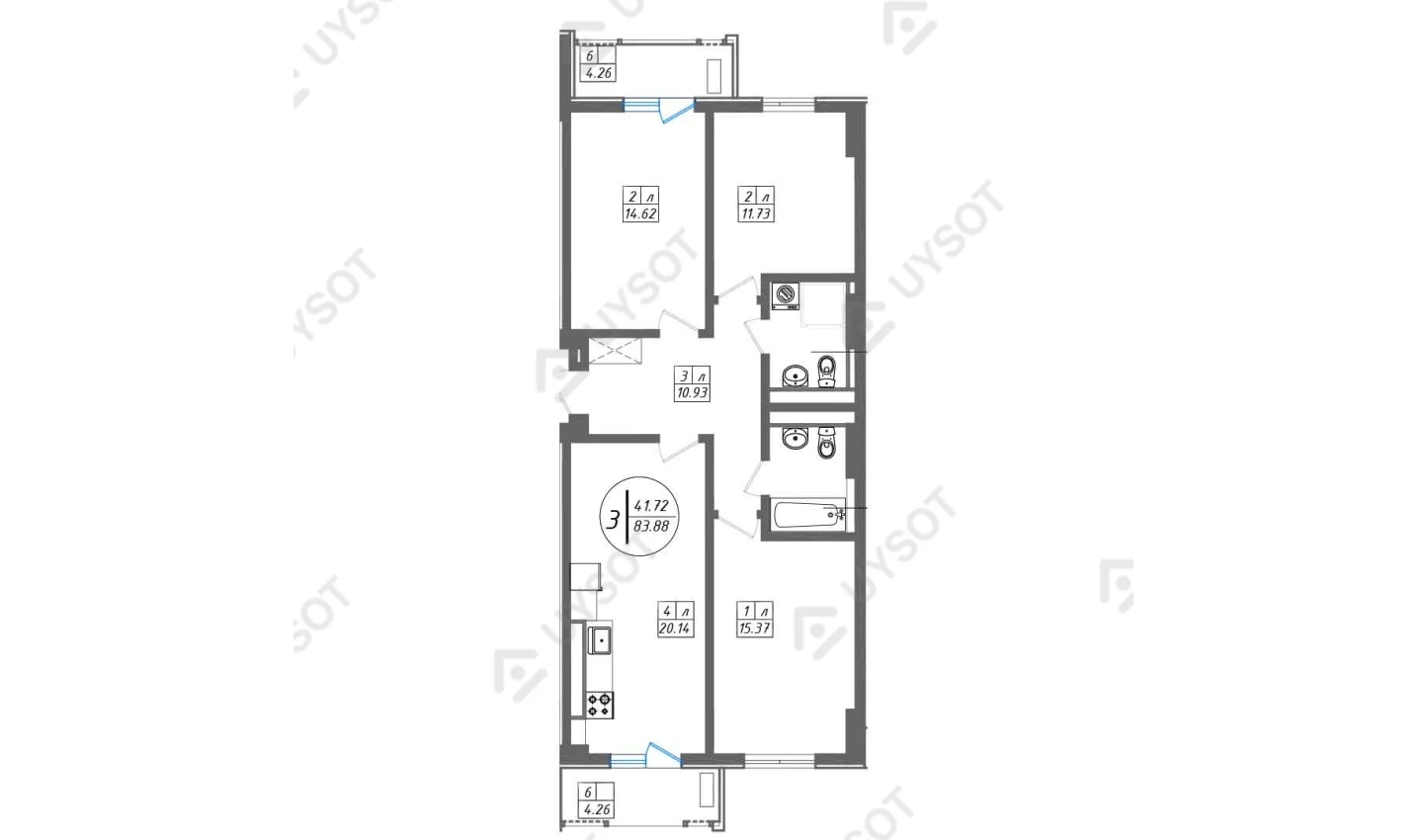 3-комнатная квартира 83.88 м²  9/9 этаж