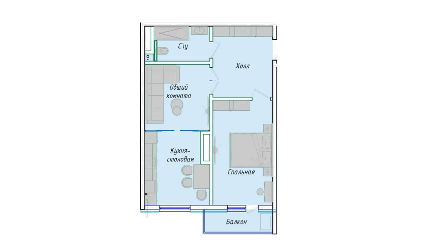 2-комнатная квартира 54.93 м²  9/12 этаж | Жилой комплекс SERGELI CITY