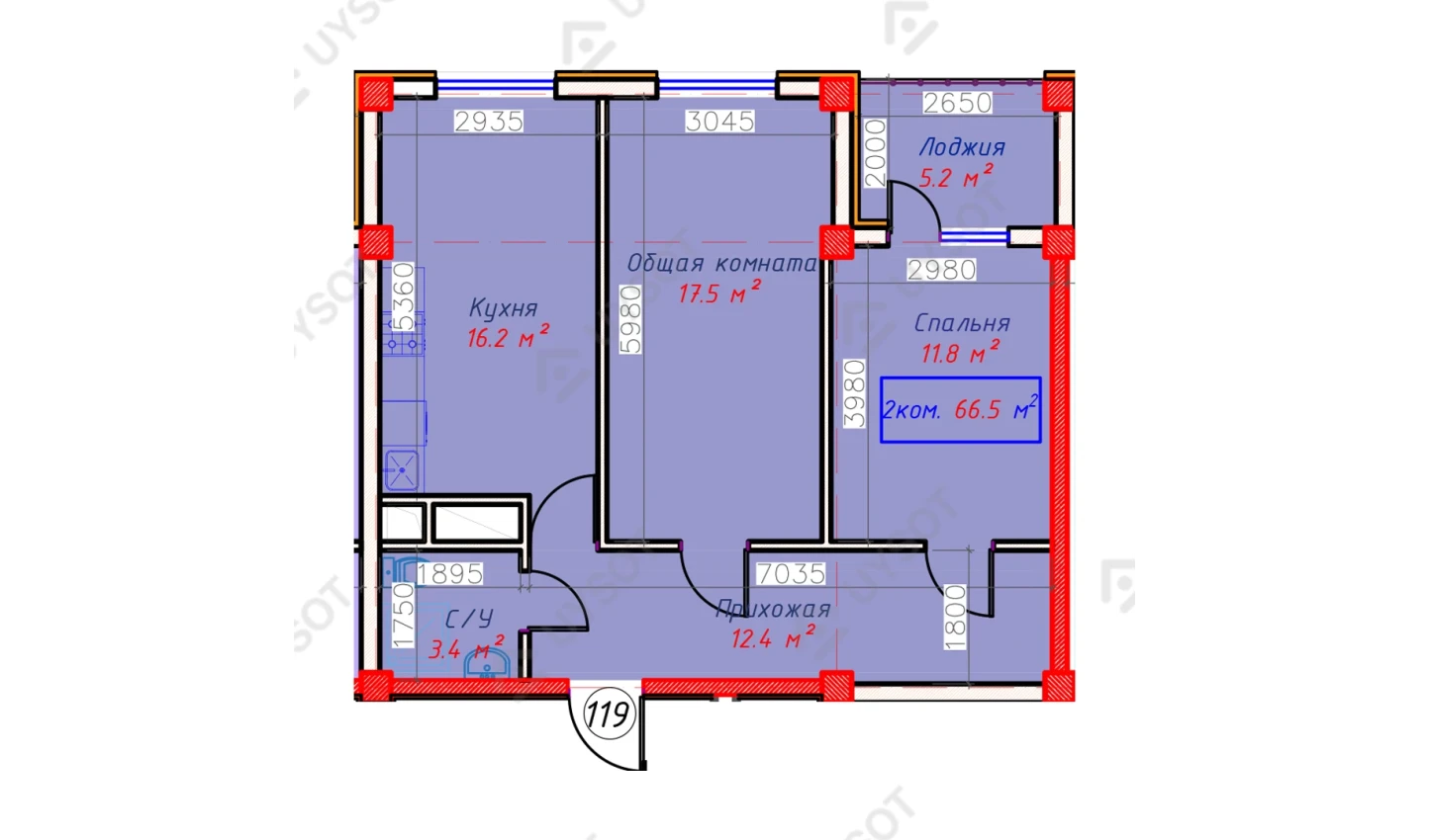 2-xonali xonadon 66.5 m²  5/5 qavat