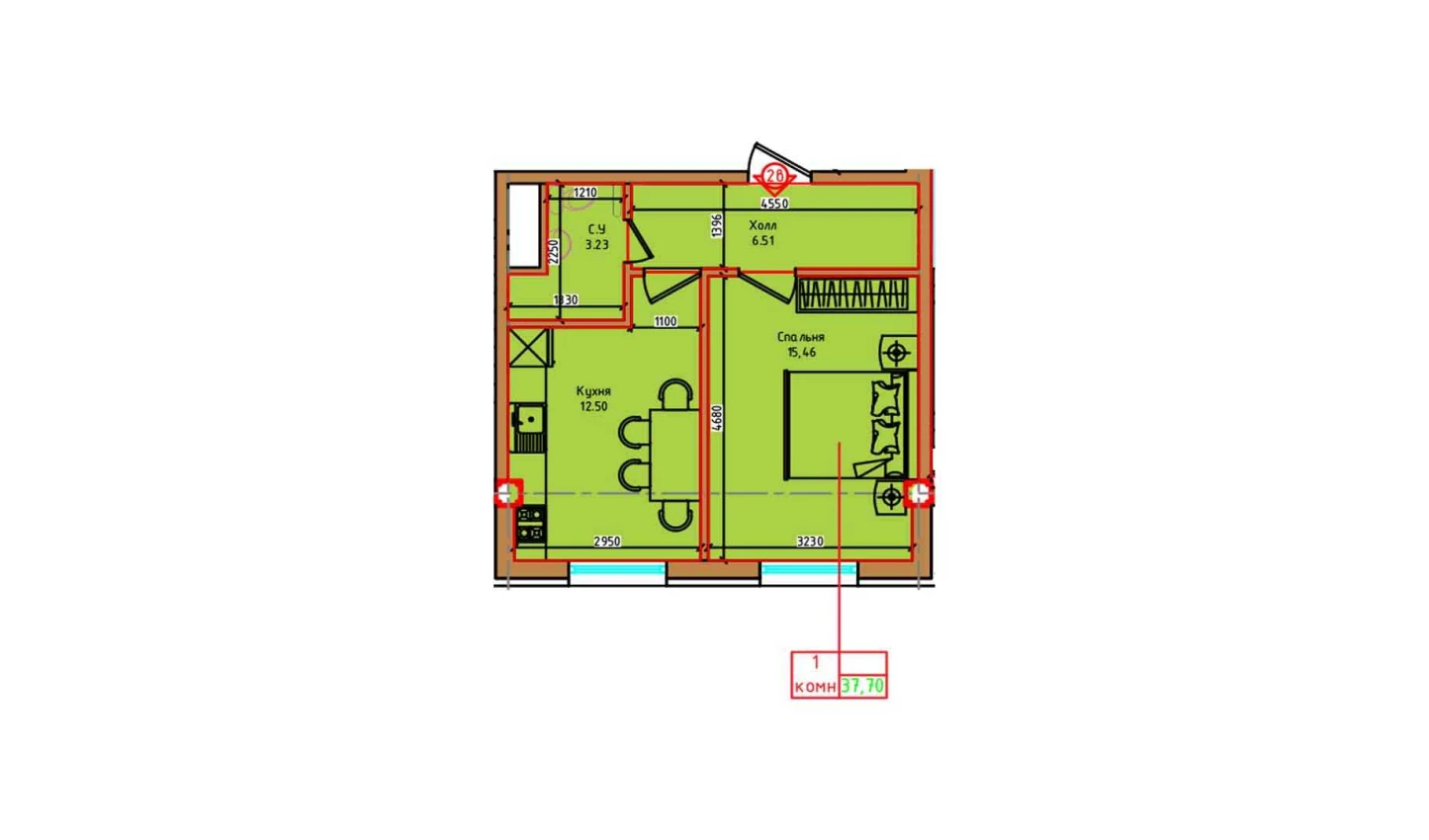 1-xonali xonadon 37.7 m²  5/5 qavat