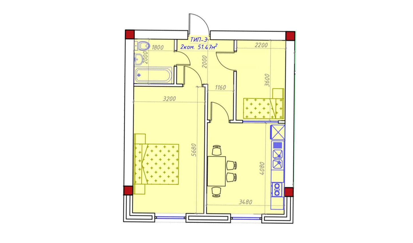 2-комнатная квартира 51.47 м²  6/6 этаж