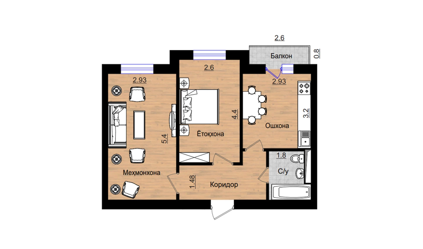 2-комнатная квартира 55.78 м²  2/2 этаж