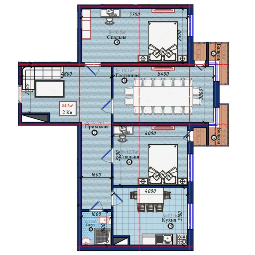 2-комнатная квартира 84.2 м²  6/6 этаж