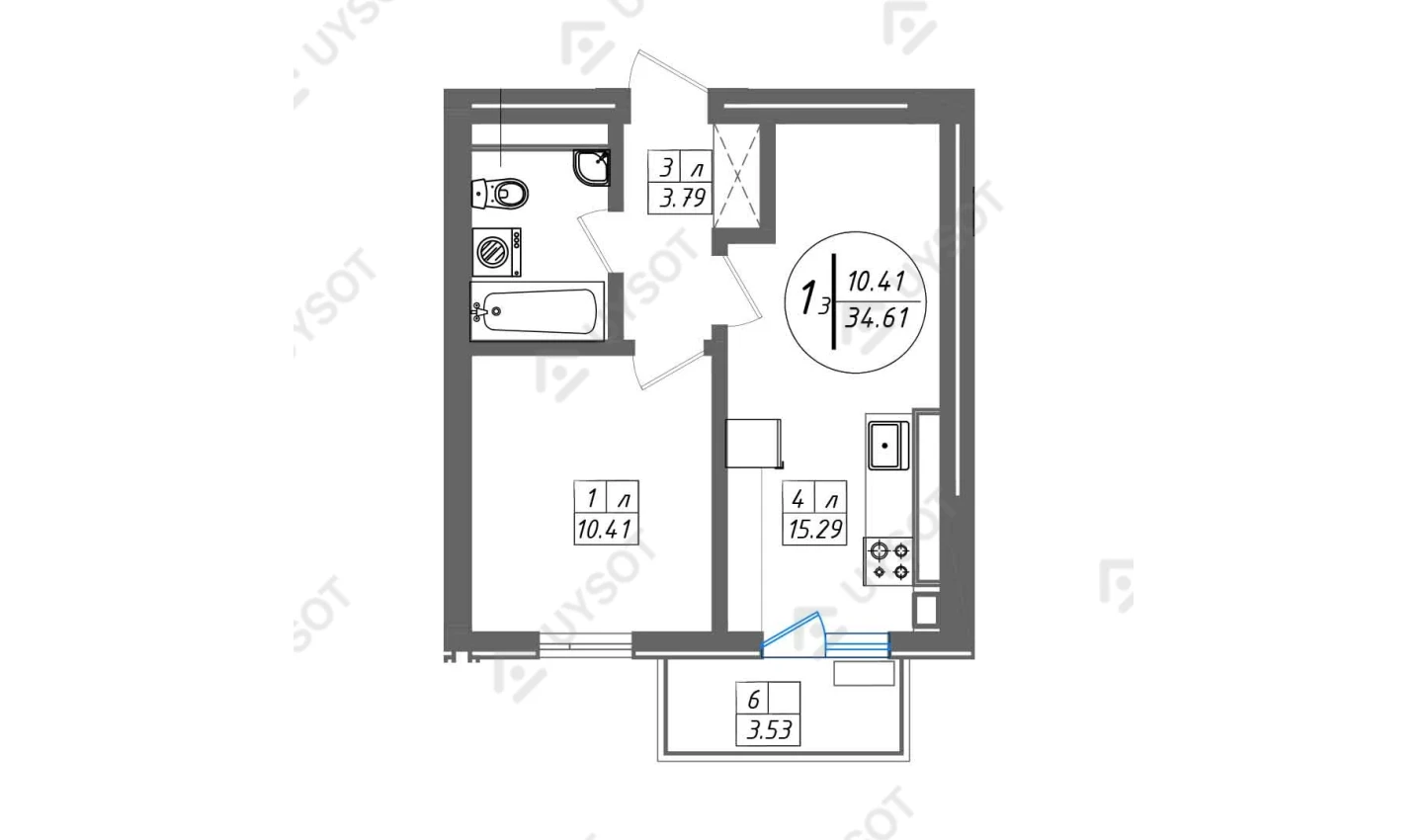 1-комнатная квартира 34.61 м²  8/8 этаж