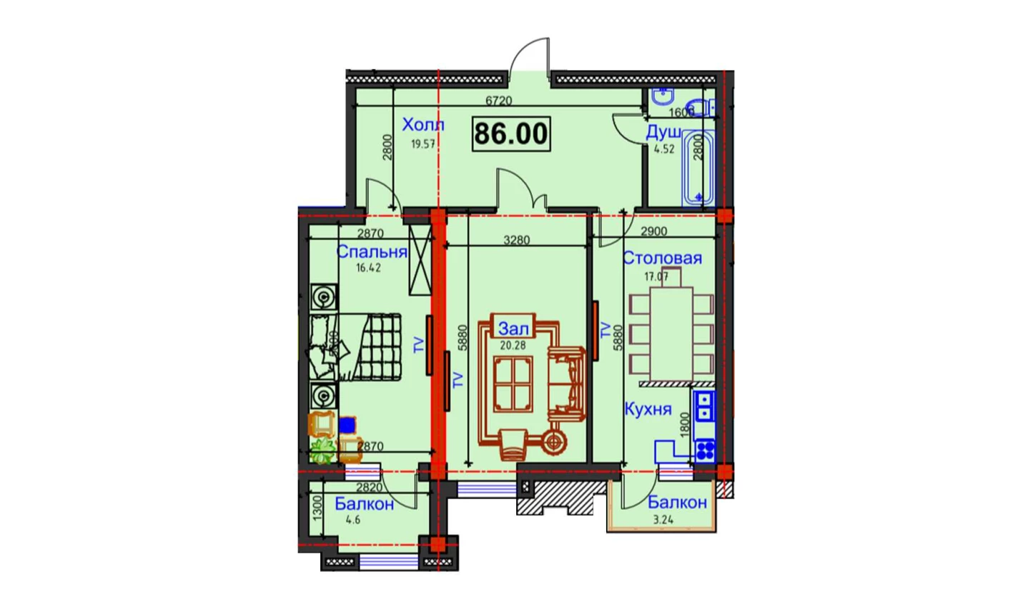 2-комнатная квартира 86 м²  7/7 этаж