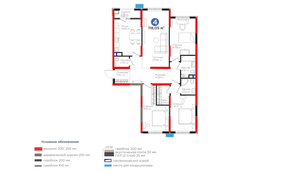 4-комнатная квартира 118.05 м²  3/3 этаж