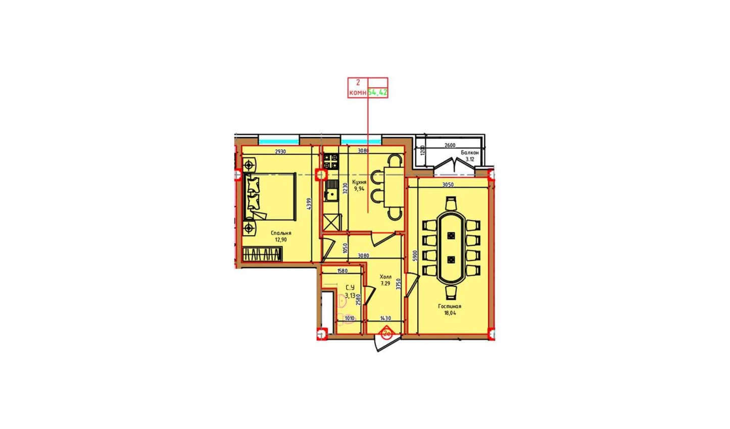 2-xonali xonadon 51.3 m²  2/2 qavat