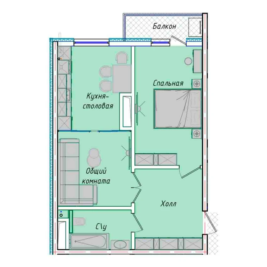 2-xonali xonadon 50.7 m²  15/15 qavat