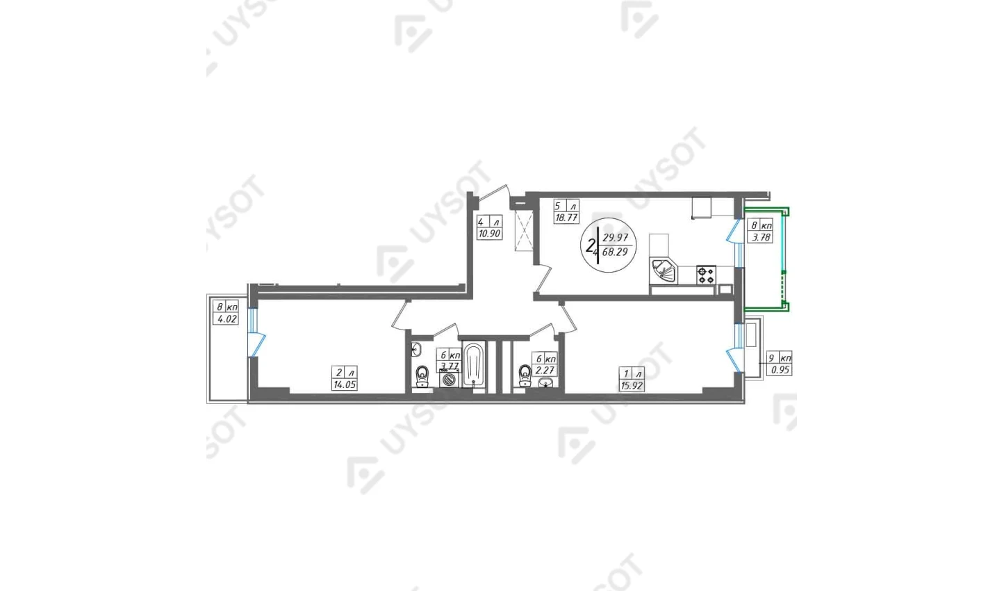 2-комнатная квартира 68.29 м²  6/6 этаж