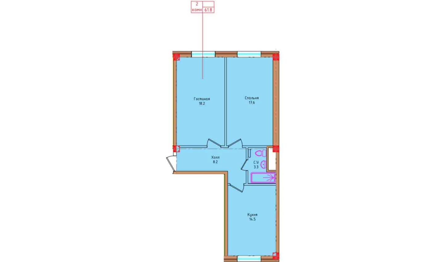 2-комнатная квартира 61.8 м²  1/1 этаж