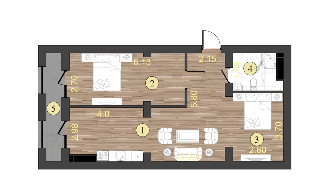 2-xonali xonadon 66.5 m²  4/4 qavat