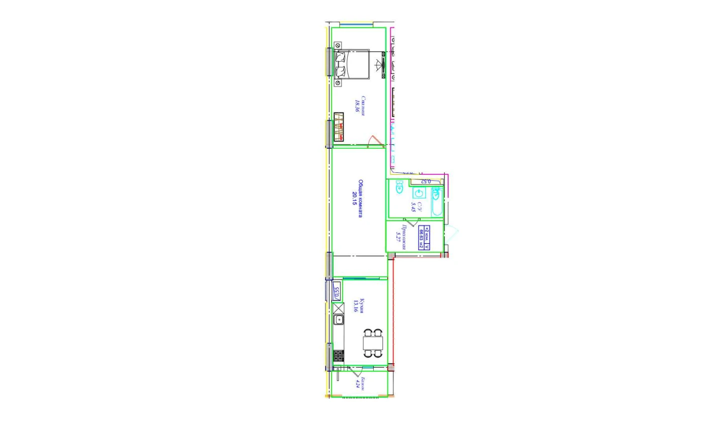 2-xonali xonadon 66.63 m²  14/14 qavat