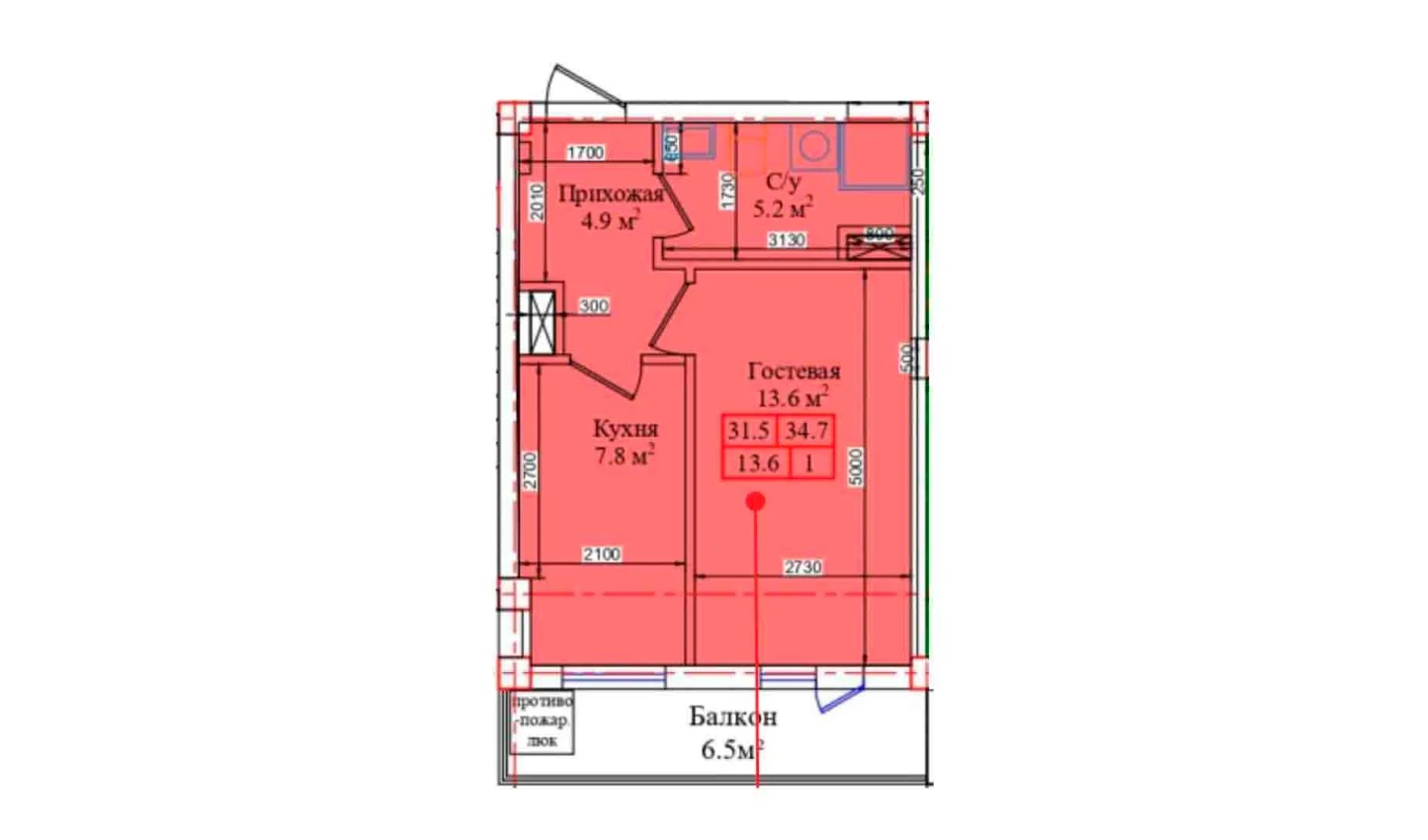 1-комнатная квартира 34.7 м²  3/3 этаж